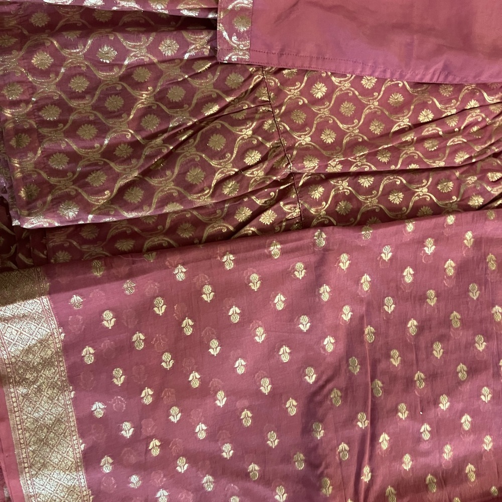 Elegant Pink and Gold Patterned silk Fabric Gharara.